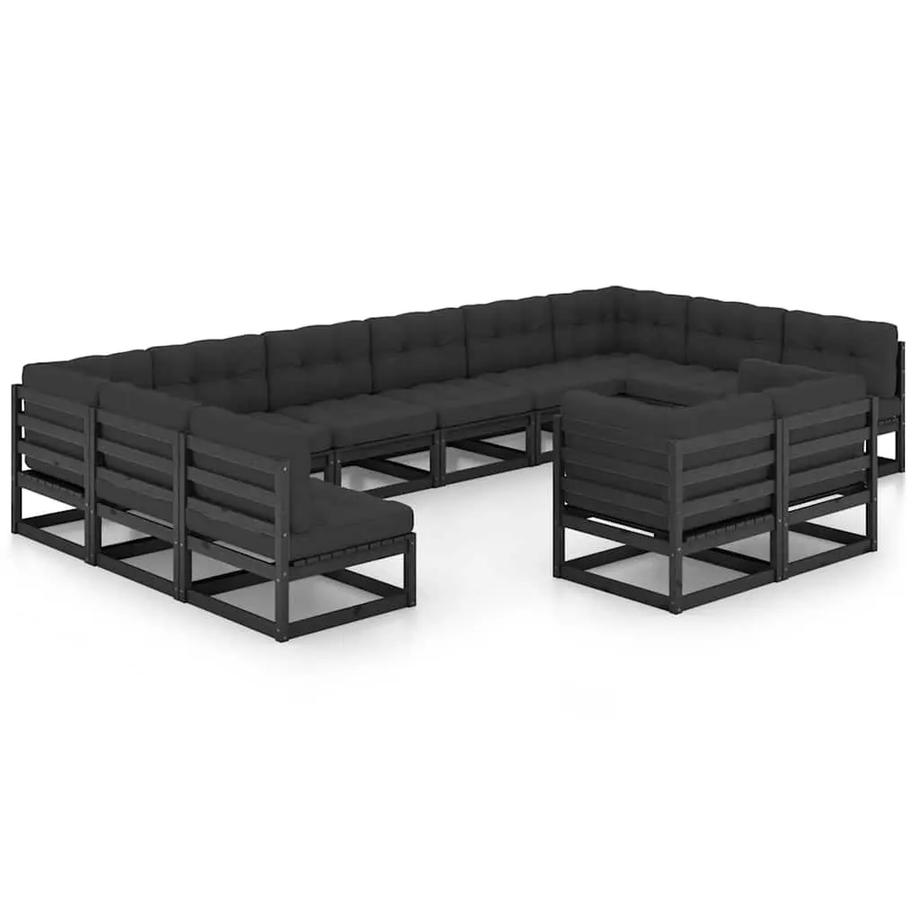 12 Piece Garden Lounge Set Black Solid Pinewood Construction Outdoor Sofa with Cushions
