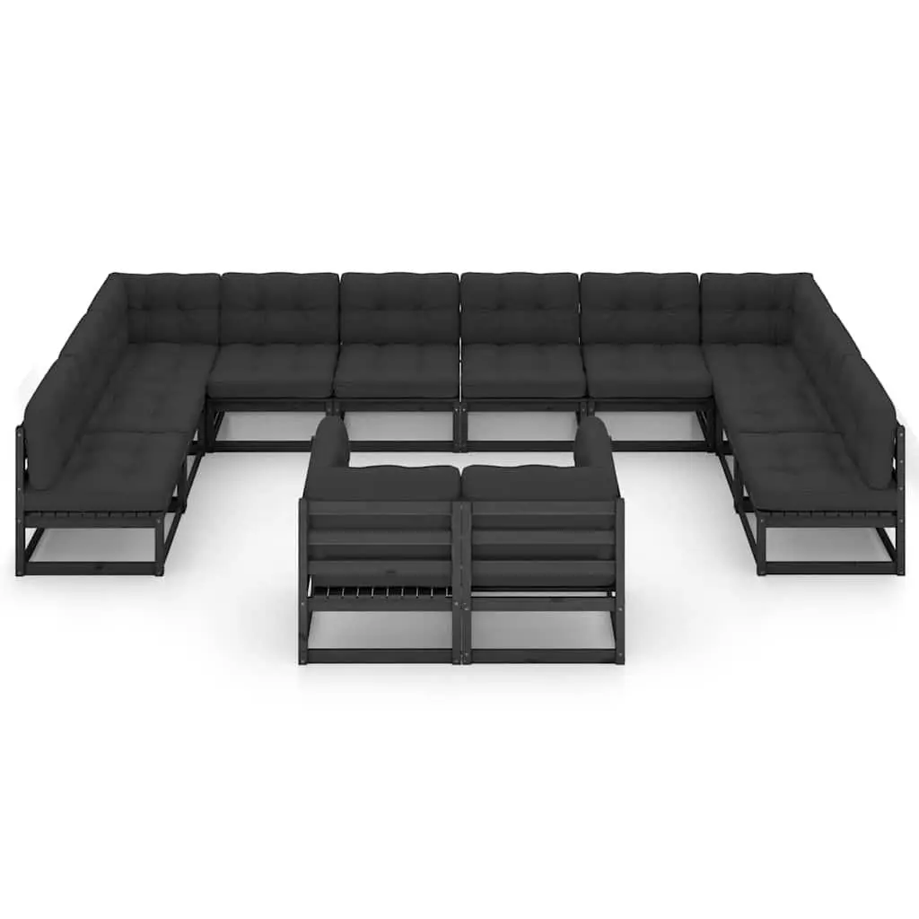 12 Piece Garden Lounge Set Black Solid Pinewood Construction Outdoor Sofa with Cushions