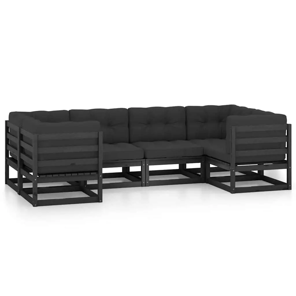 Garden Lounge Set Black 6 Piece Solid Pinewood Outdoor Furniture with Cushions