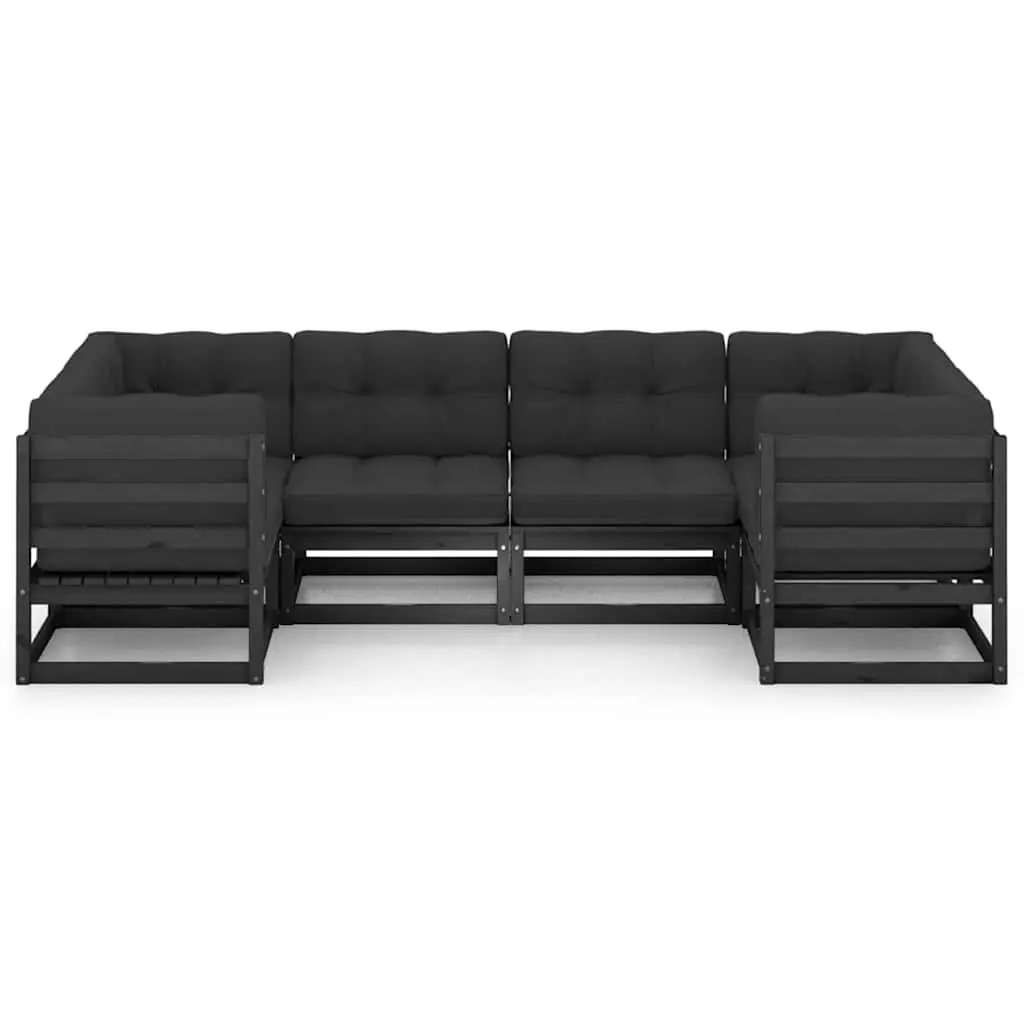 Garden Lounge Set Black 6 Piece Solid Pinewood Outdoor Furniture with Cushions