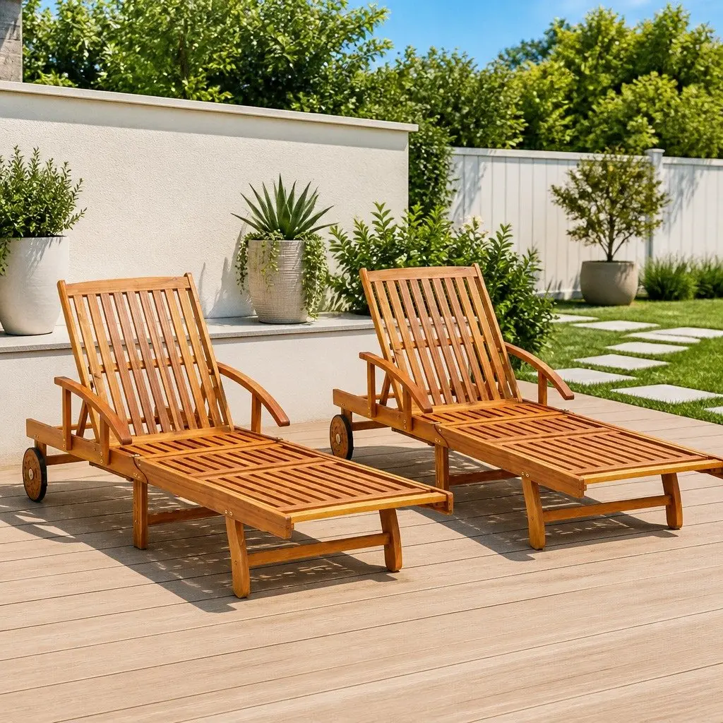 Sun Loungers Brown 2 Piece Solid Wood Acacia Outdoor Garden Patio Lounge Chair Set