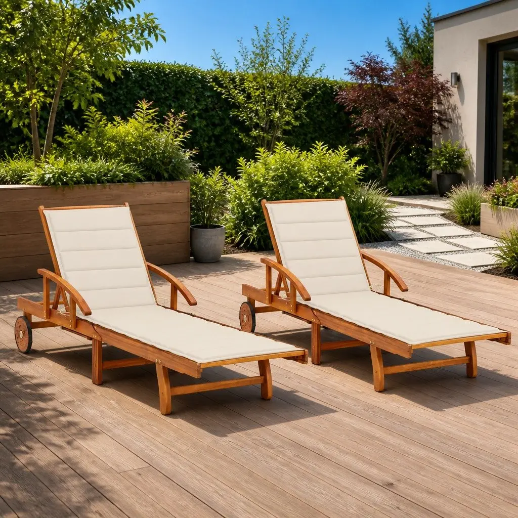 Sun Loungers Cream 2 pcs Solid Wood Acacia Adjustable Backrest Garden
