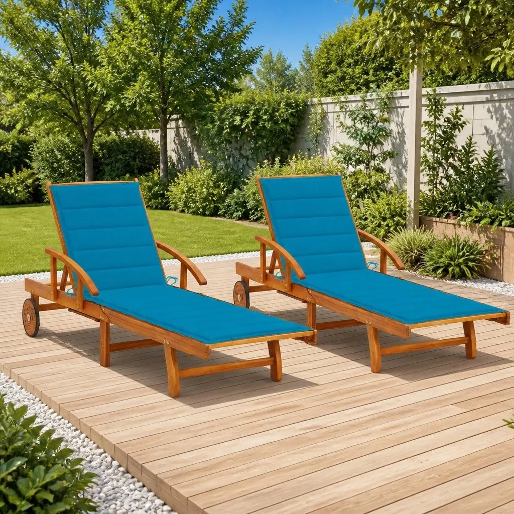 Sun Lounger Blue 2pc Set Solid Acacia Wood Adjustable Foldable Wheeled Outdoor Patio Daybed with Cushions