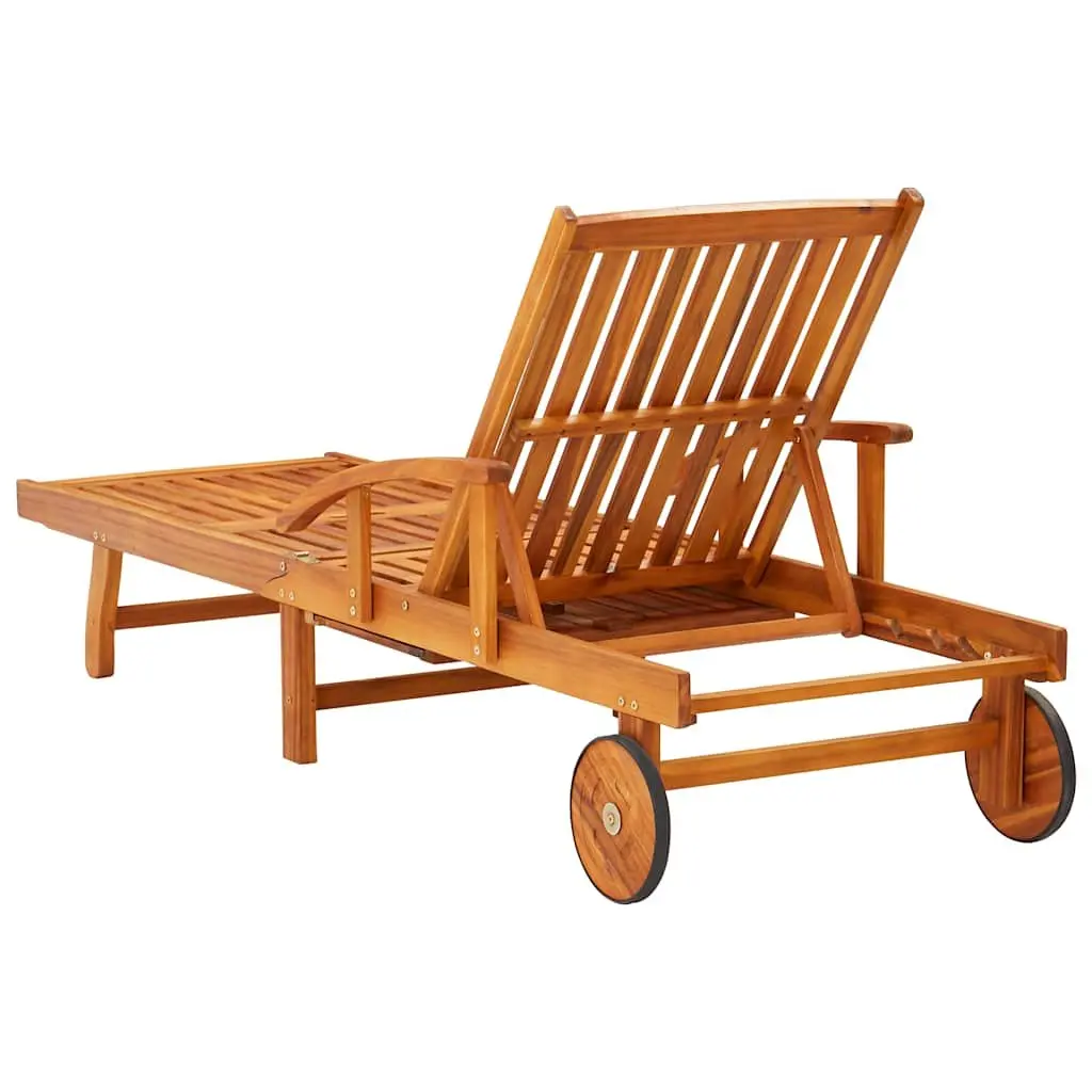 Sun Lounger Blue 2pc Set Solid Acacia Wood Adjustable Foldable Wheeled Outdoor Patio Daybed with Cushions