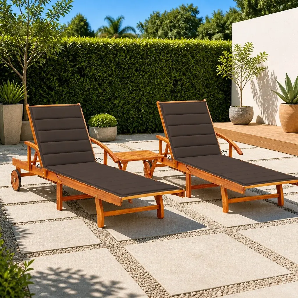 Sun Lounger Set 2 pcs with Table Cushions Solid Acacia Wood Outdoor Garden