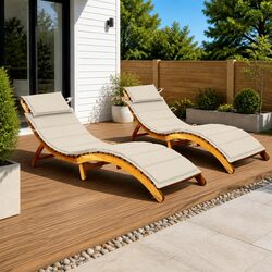 Sun Lounger Set 2 Pieces Wooden Outdoor Patio Lounger Foldable with Cushion