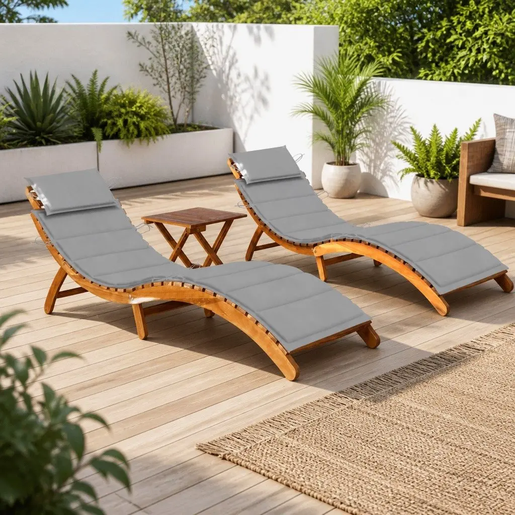 Sun Lounger Set Grey 2 pcs Wooden Garden Patio Folding with Table Cushions