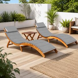 Sun Lounger Set 2 pcs Wooden Garden Patio Daybed Folding with Table Cushions