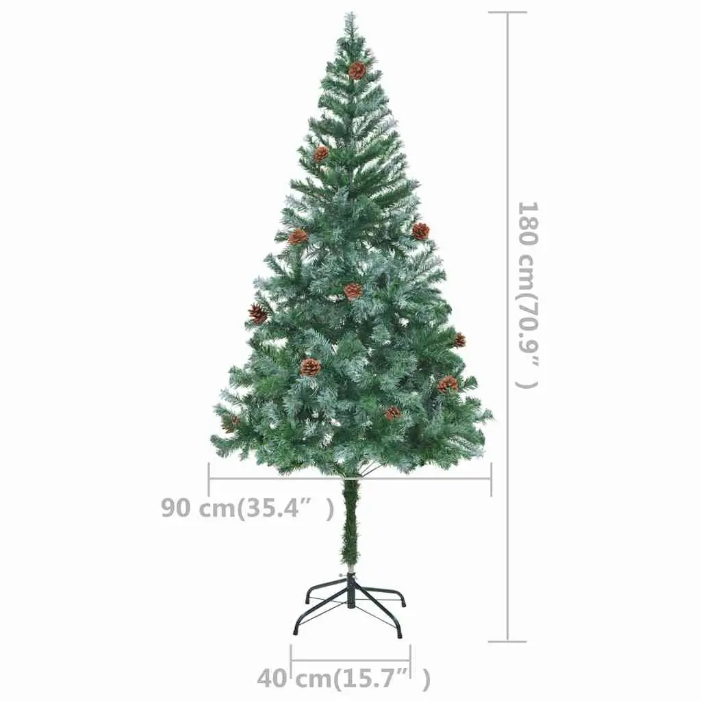 Artificial Christmas Tree Green 180cm Pre-lit with LED Lights White Branches and Pine Cones