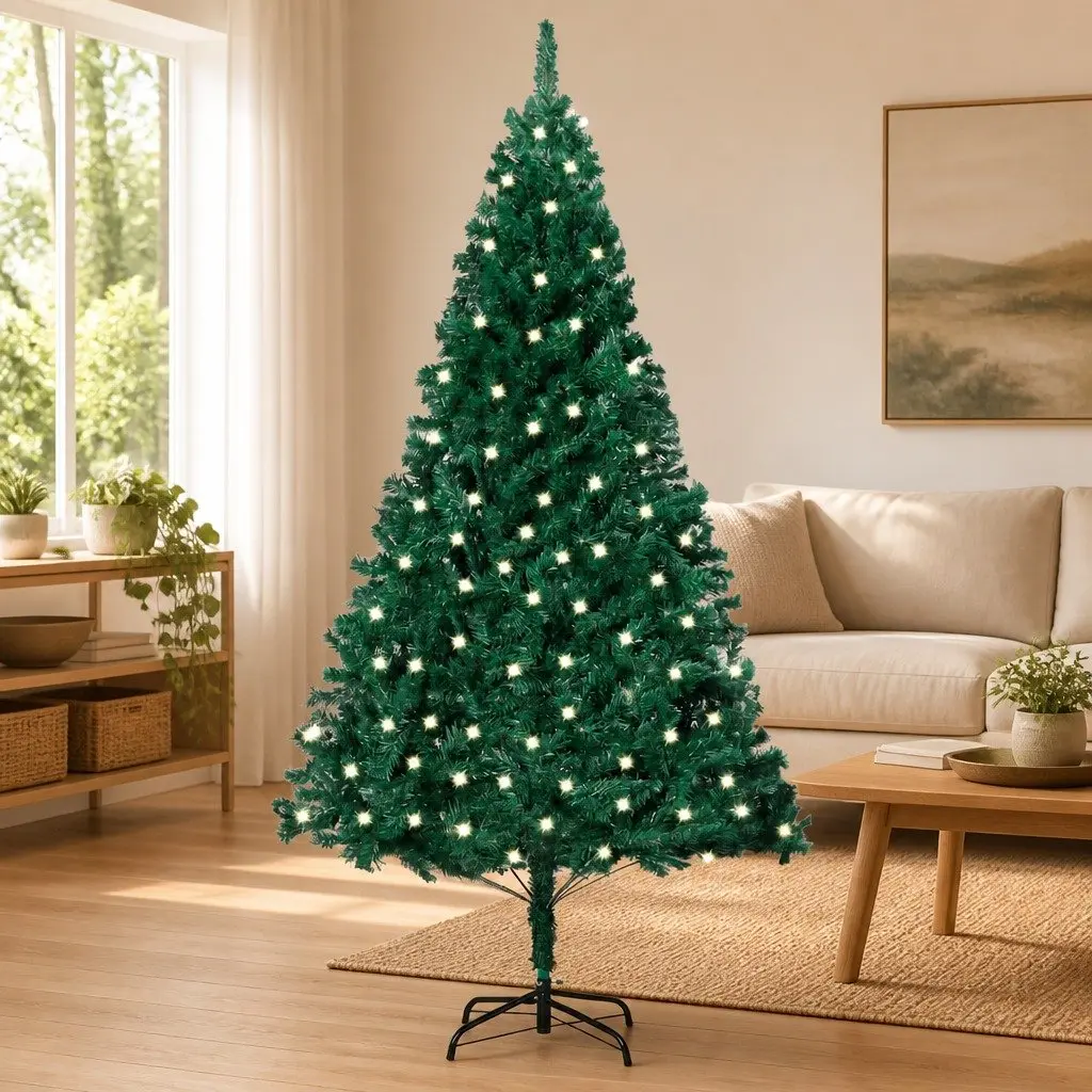 Artificial Christmas Tree Green 240cm Extra Thick Branches Adjustable with LED Lights