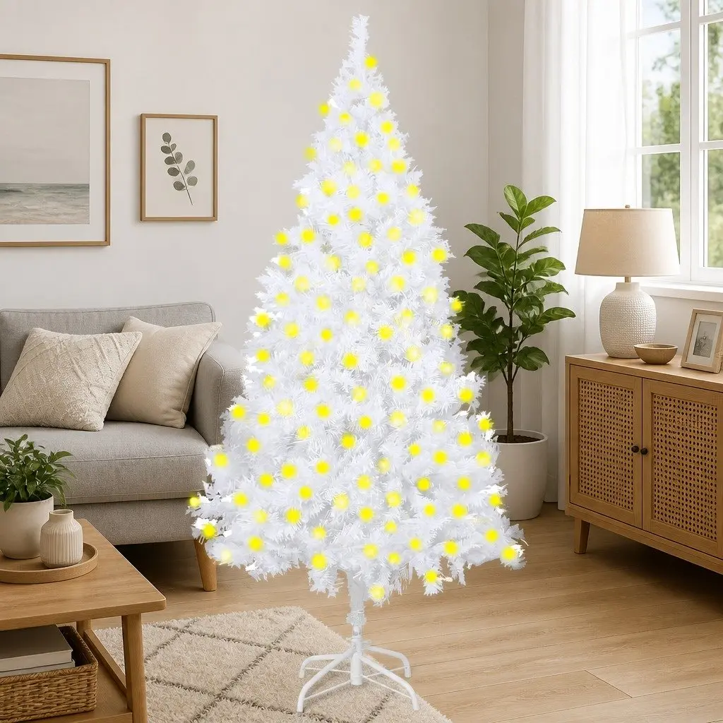 Artificial Christmas Tree White 210cm Pre-lit LED Lights Thick Branches