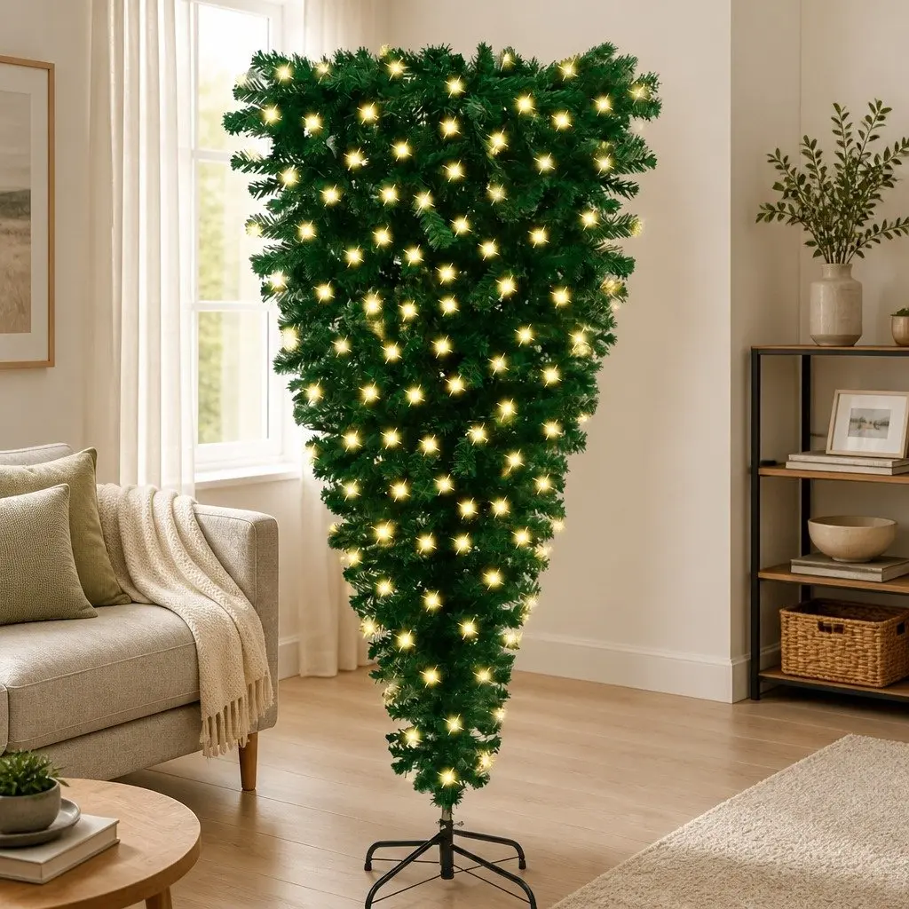 Upside-Down Artificial Pre-Lit Christmas Tree Green 180cm Holiday Seasonal Decor