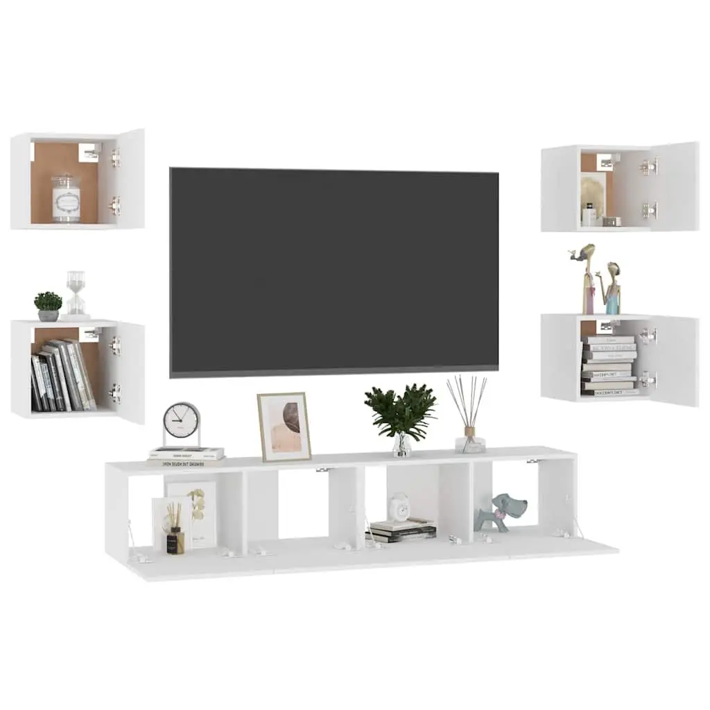 White TV Cabinet Set 6 Piece Wall Mounted Storage Unit Living Room Furniture