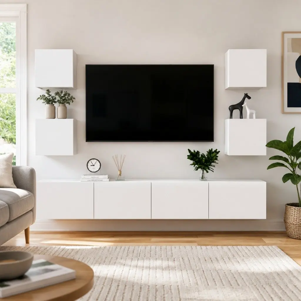 White Wall-Mounted TV Cabinet Set for Storage