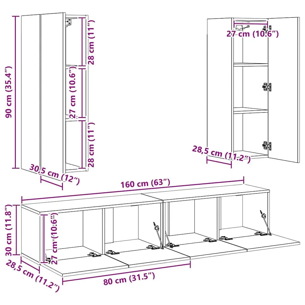 4 Piece TV Cabinet Set White Wall Mounted Storage Unit Living Room Furniture