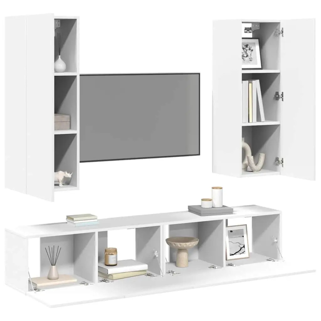 4 Piece TV Cabinet Set White Wall Mounted Storage Unit Living Room Furniture