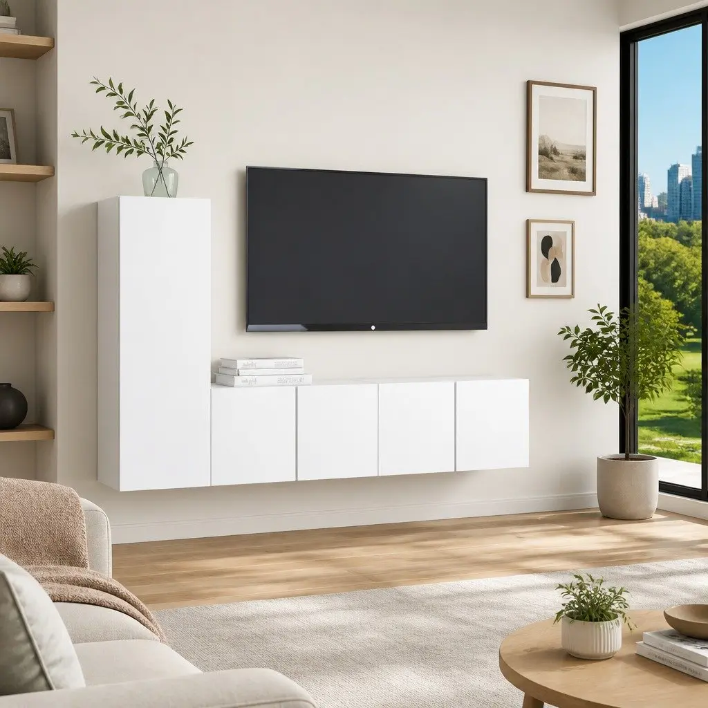 3 Piece White Engineered Wood Wall Mounted TV Cabinet Set with Storage Shelves