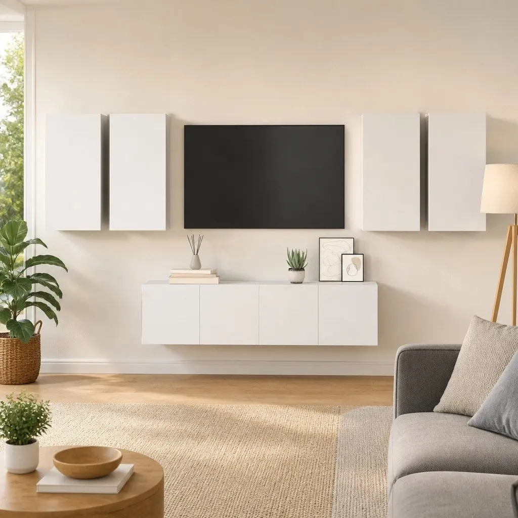 Wall Mounted TV Cabinet Set White 6 Piece Storage Unit Organiser Display Shelf