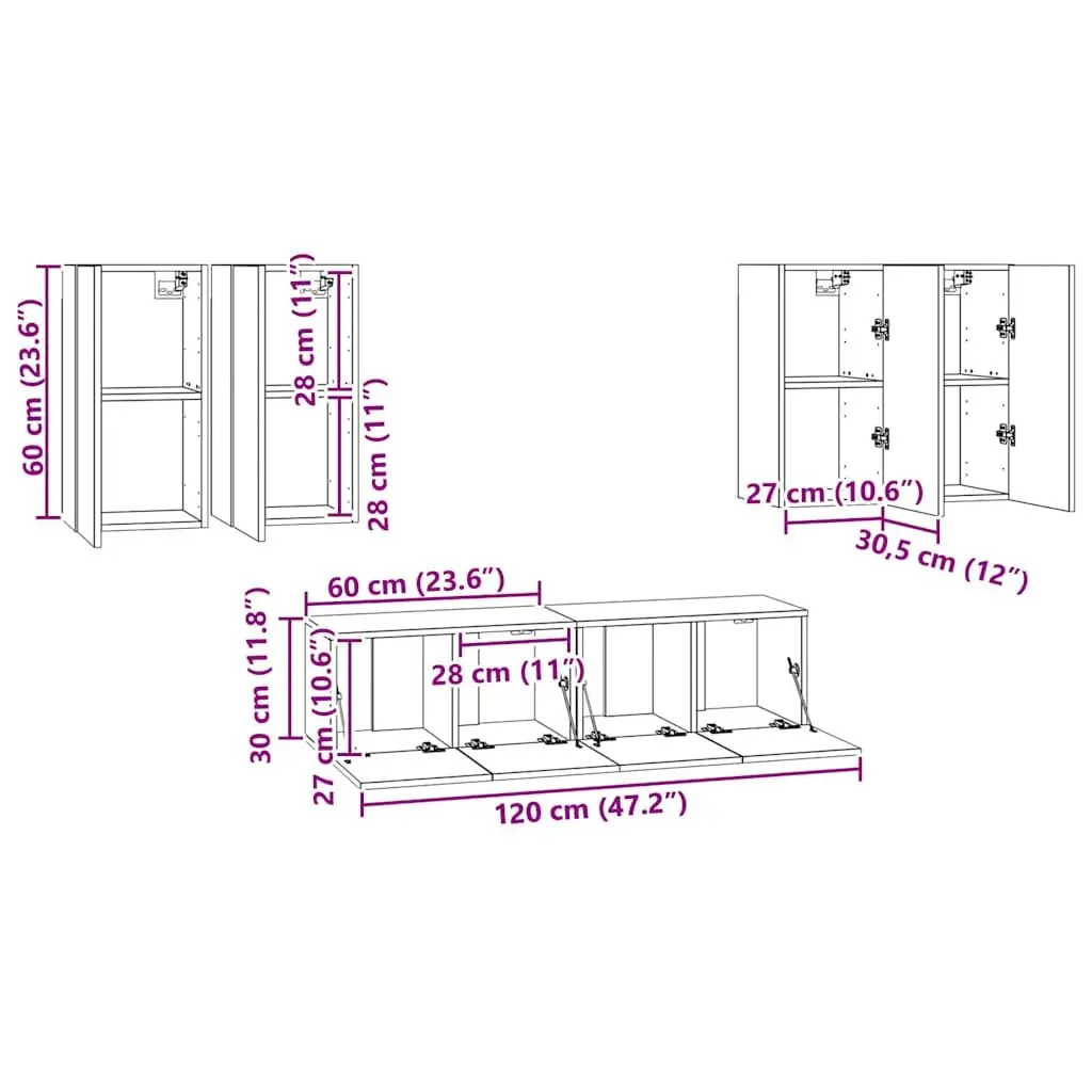 Wall Mounted TV Cabinet Set White 6 Piece Storage Unit Organiser Display Shelf