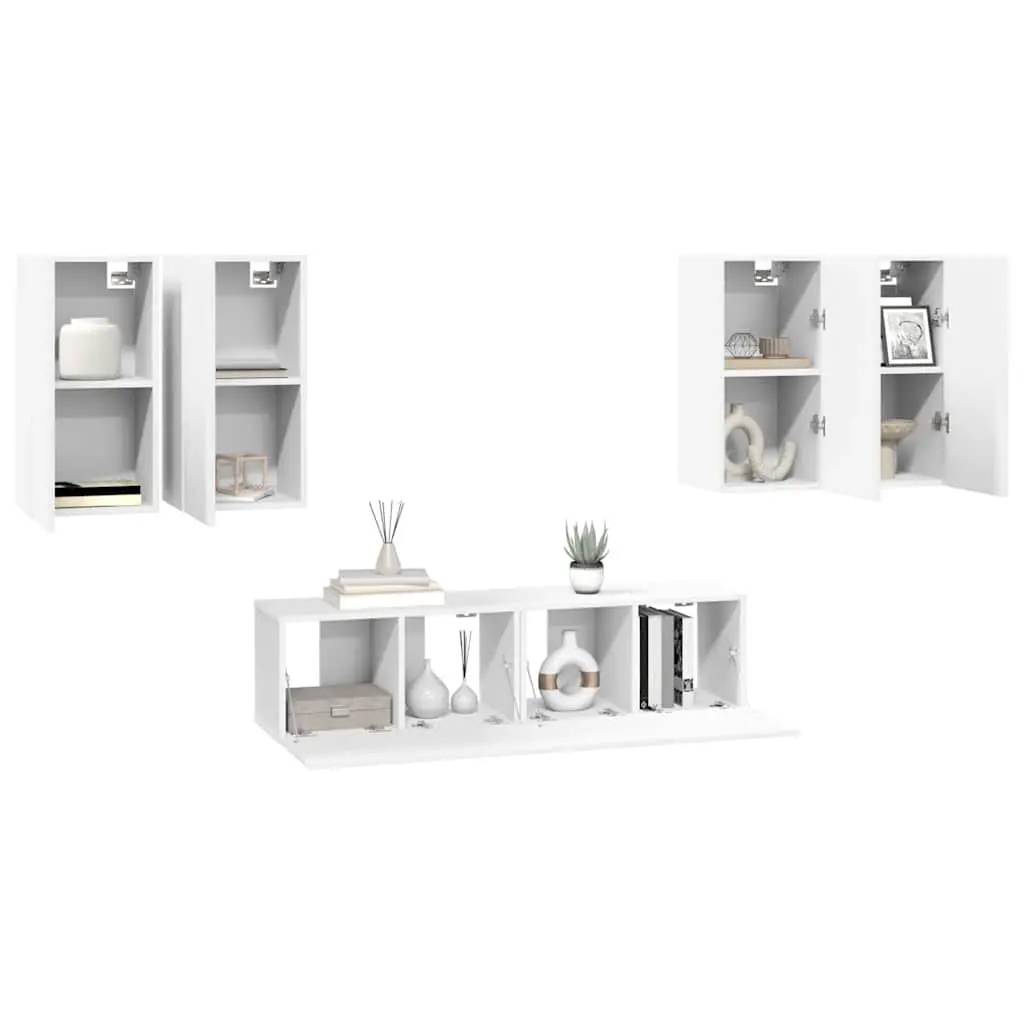 Wall Mounted TV Cabinet Set White 6 Piece Storage Unit Organiser Display Shelf