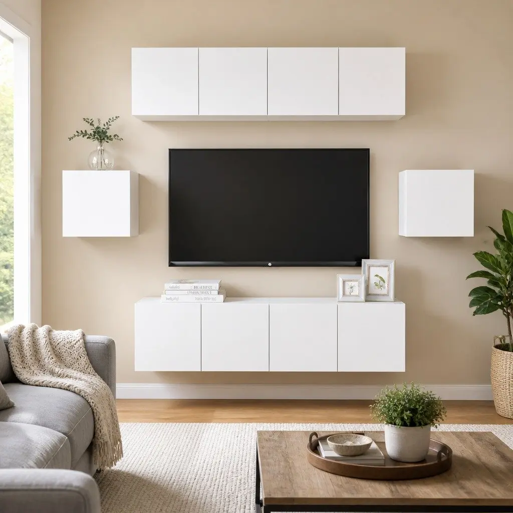 Wall Mounted TV Cabinet Set 6 Piece Storage Unit White Engineered Wood Organiser