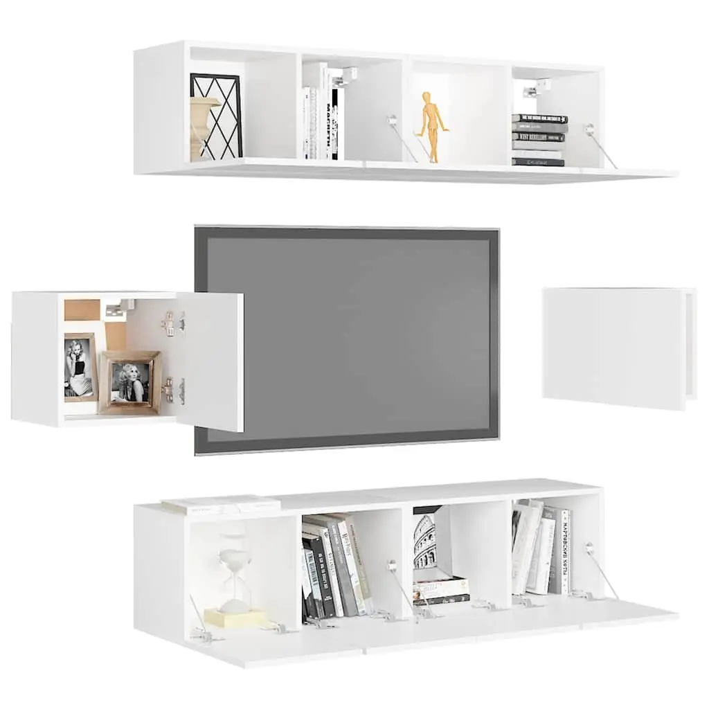Wall Mounted TV Cabinet Set 6 Piece Storage Unit White Engineered Wood Organiser