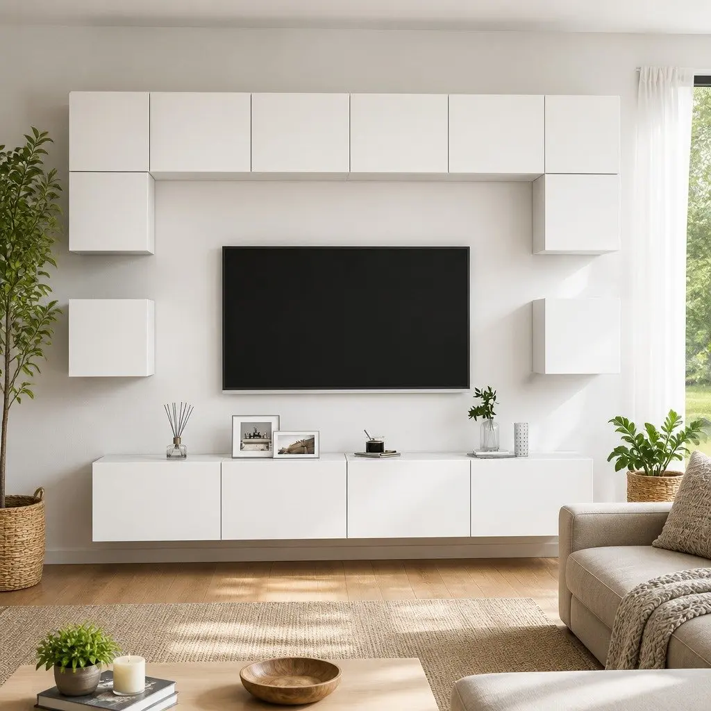 Wall Mounted TV Cabinet Set White 8 Piece Storage Entertainment Unit