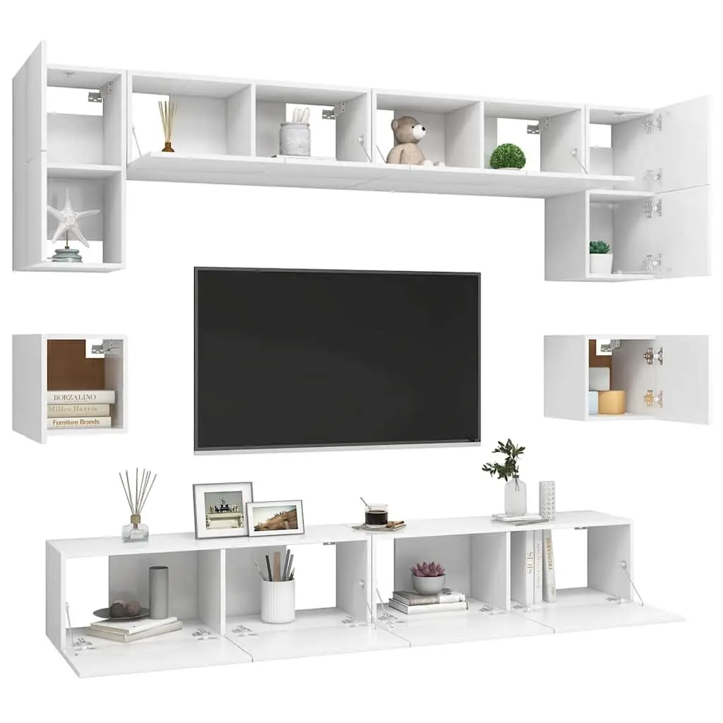 Wall Mounted TV Cabinet Set White 8 Piece Storage Entertainment Unit