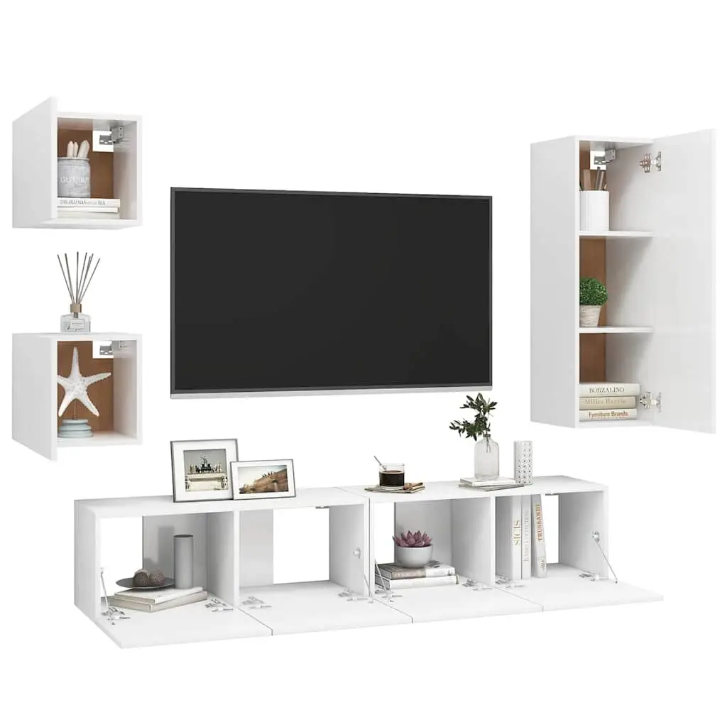5 Piece Wall Mounted TV Cabinet Set White Storage Unit Organiser Shelving