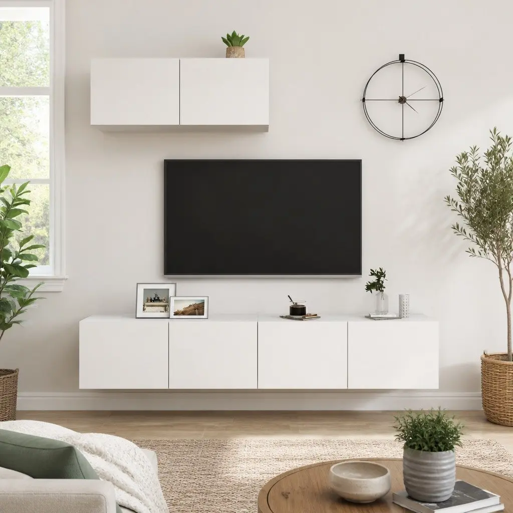 3 Piece Wall Mounted TV Cabinet Set White Engineered Wood Storage Display Unit