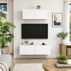 Wall-Mounted TV Cabinet 2 Piece Set White Storage Media Unit Living Room