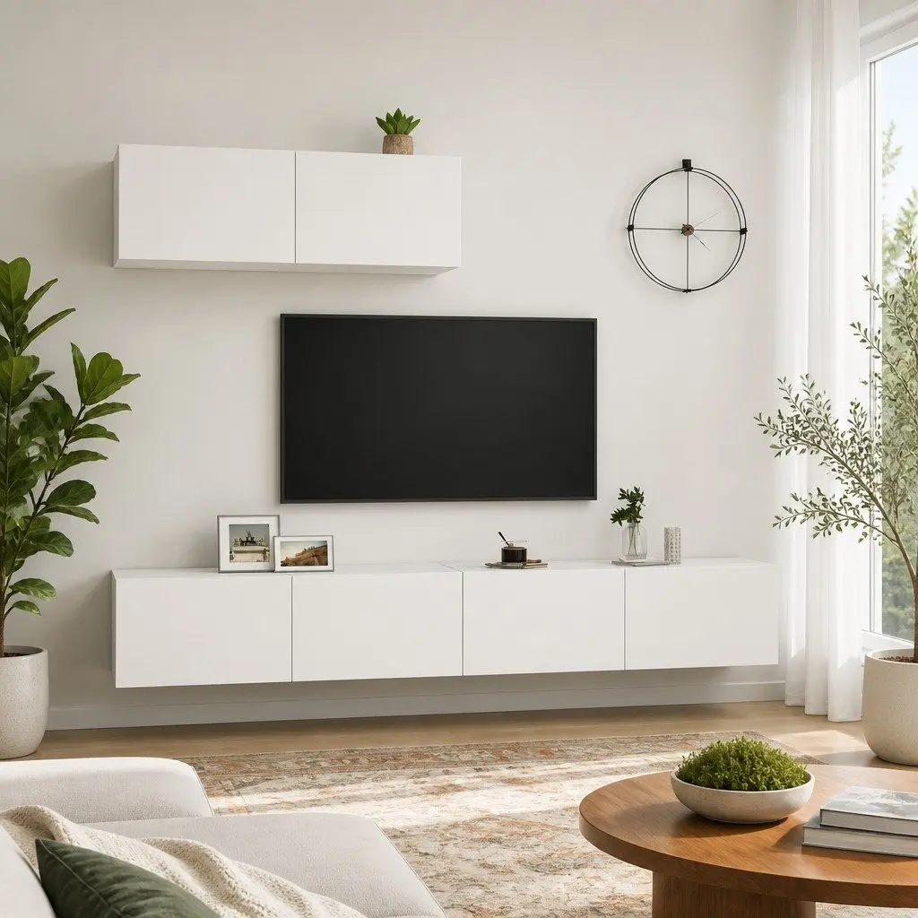 Wall Mounted TV Cabinet Set White 3 Pieces Storage Unit Organiser Display Shelf
