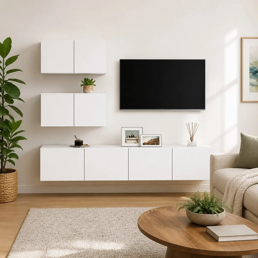 TV Cabinet Set White 4 Piece Wall Mounted Storage Unit Modern Living Room Furniture