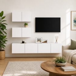 Concise White Wall-Mounted TV Cabinet Set Design
