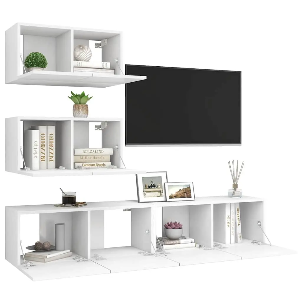 TV Cabinet Set White 4 Piece Wall Mounted Storage Unit Modern Living Room Furniture