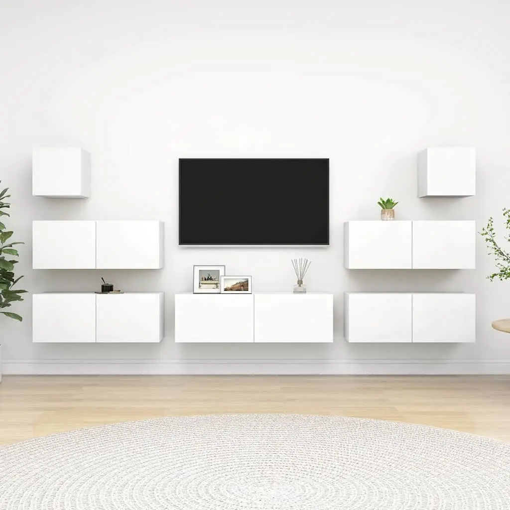 White Wall Mounted TV Cabinet Set 7 Piece Storage Compartments Organized Living Room