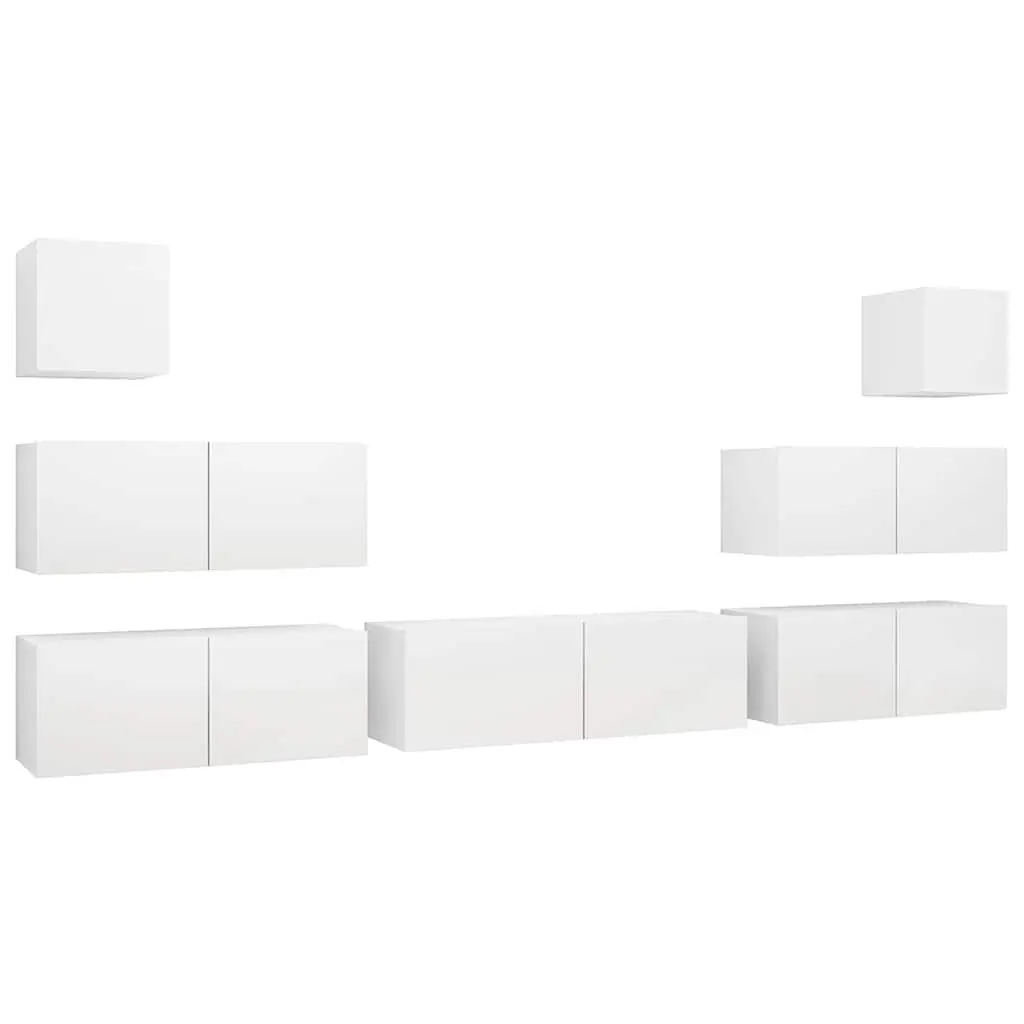 White Wall Mounted TV Cabinet Set 7 Piece Storage Compartments Organized Living Room