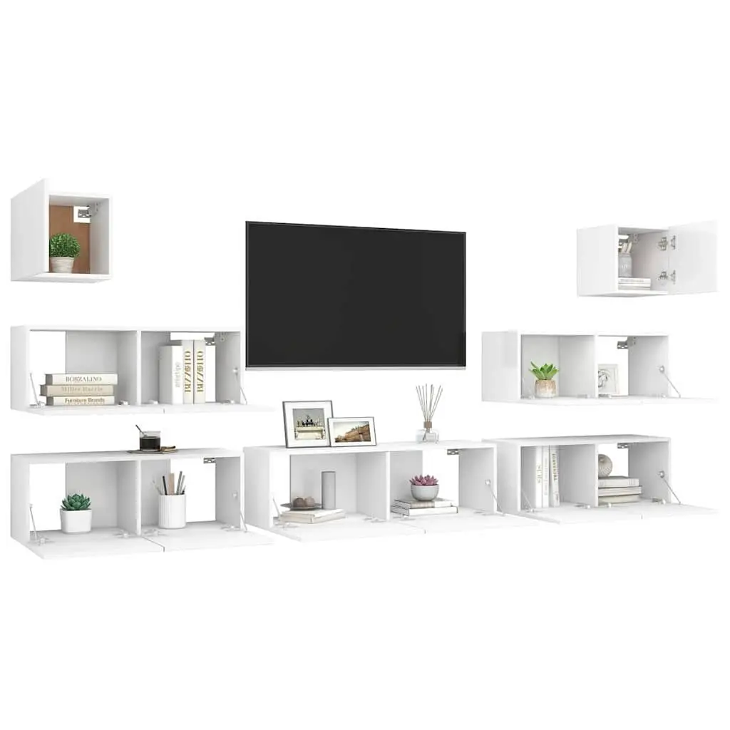 White Wall Mounted TV Cabinet Set 7 Piece Storage Compartments Organized Living Room
