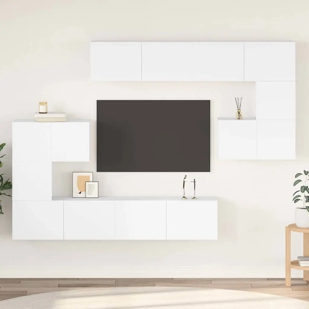 TV Cabinet Set White Wall Mounted 8 Piece Multiple Storage Compartments