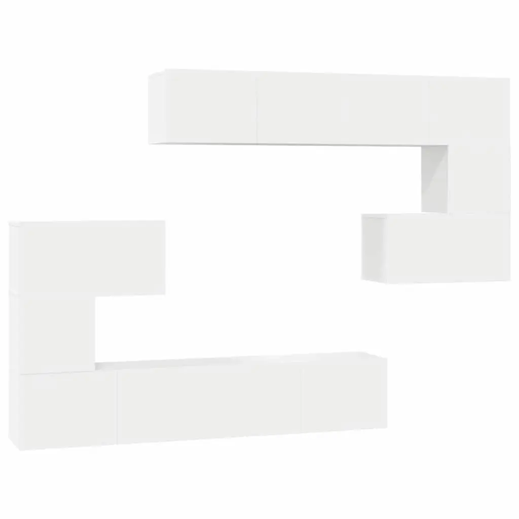 TV Cabinet Set White Wall Mounted 8 Piece Multiple Storage Compartments