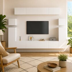 8-Piece White TV Cabinet Storage Unit