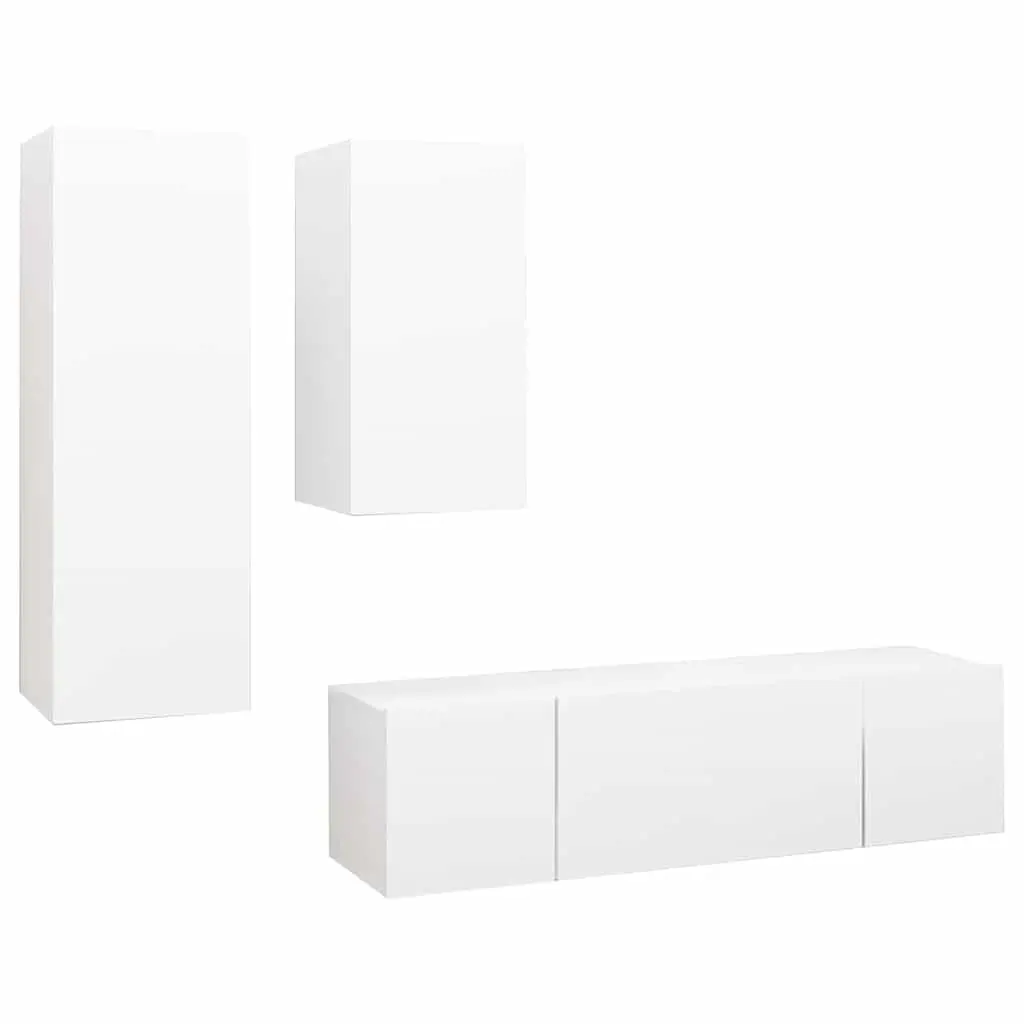 4 Piece Modern White Wall Mounted TV Cabinet Set Engineered Wood Storage Unit