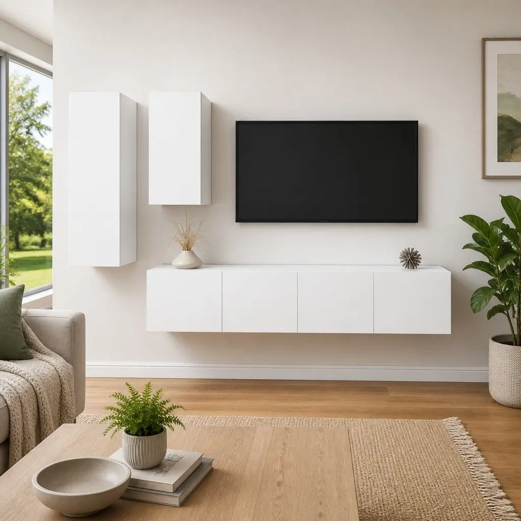 4 Piece TV Cabinet Set White Wall Mounted Modern Storage Unit