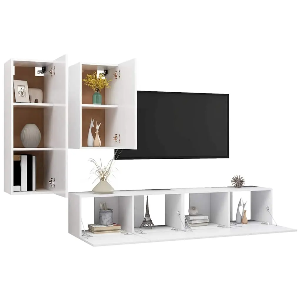 4 Piece TV Cabinet Set White Wall Mounted Modern Storage Unit