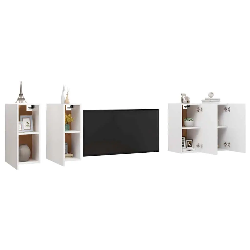 Wall Mounted TV Cabinet Set White 4 Pieces Shelving Storage Living Room Unit