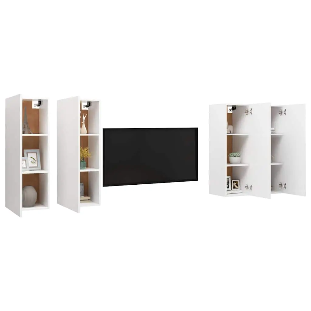 Wall-Mounted TV Cabinet Set 4 Piece White Living Room Storage Shelves Unit