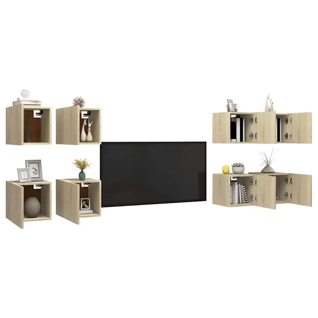 Wall Mounted TV Cabinet Set 8 Pieces Brown Storage Shelving Unit Home Furniture