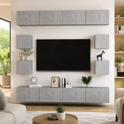 8 Piece TV Cabinet Set Wall Mounted Storage Unit Grey Engineered Wood Furniture