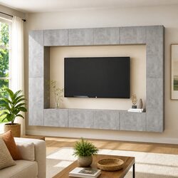 8 Piece TV Cabinet Set Wall Mounted Storage Unit Grey Living Room Furniture
