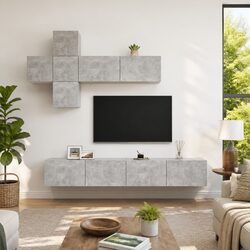 7 Piece Grey TV Cabinet Set Wall Mounted Storage Living Room Furniture Unit